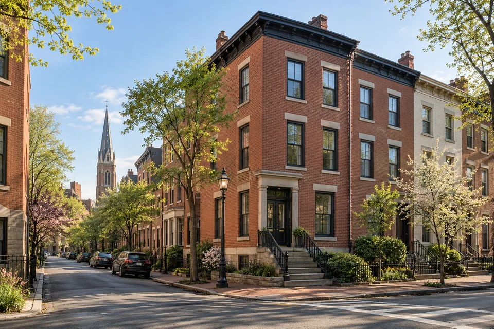 AI-generated illustration: Traditional red-brick rowhouses