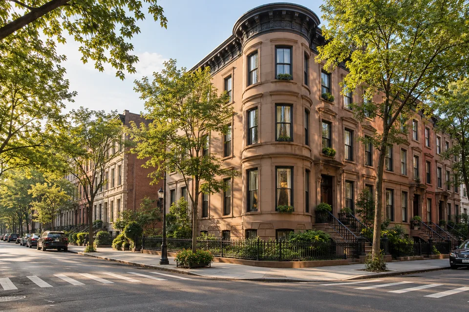 AI-generated illustration: Brownstone stoops and a leafy residential street