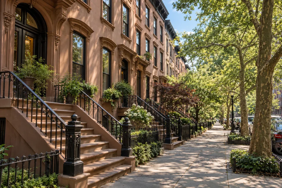 AI-generated illustration: Brownstone stoops and a leafy residential street