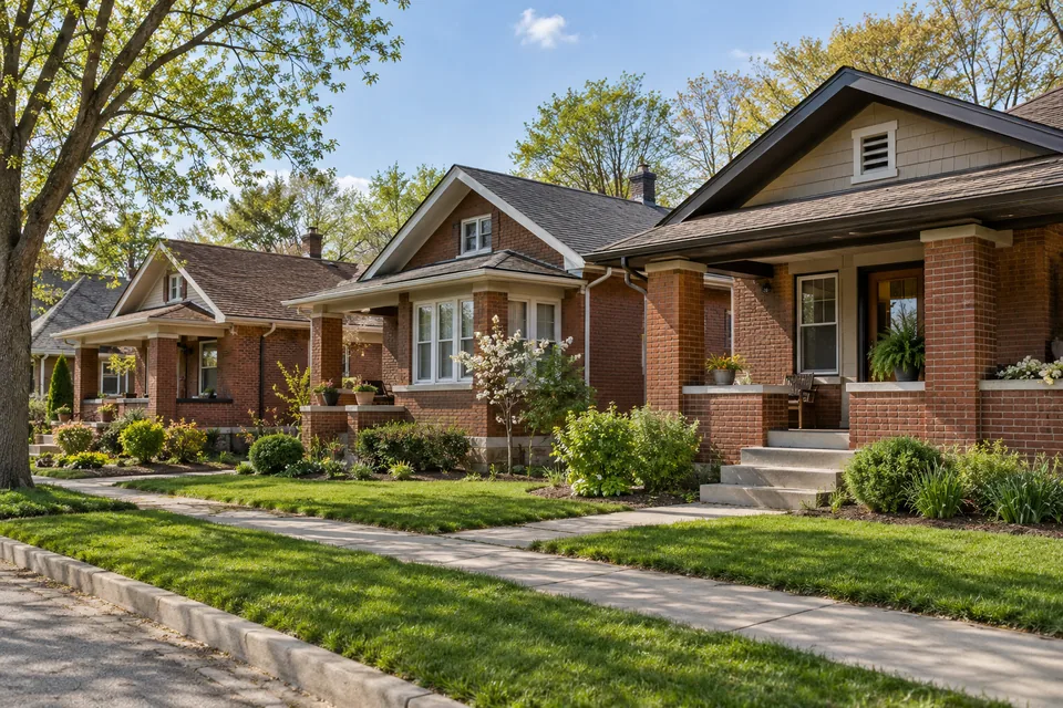 AI-generated illustration: Low-rise bungalows with porches and gardens