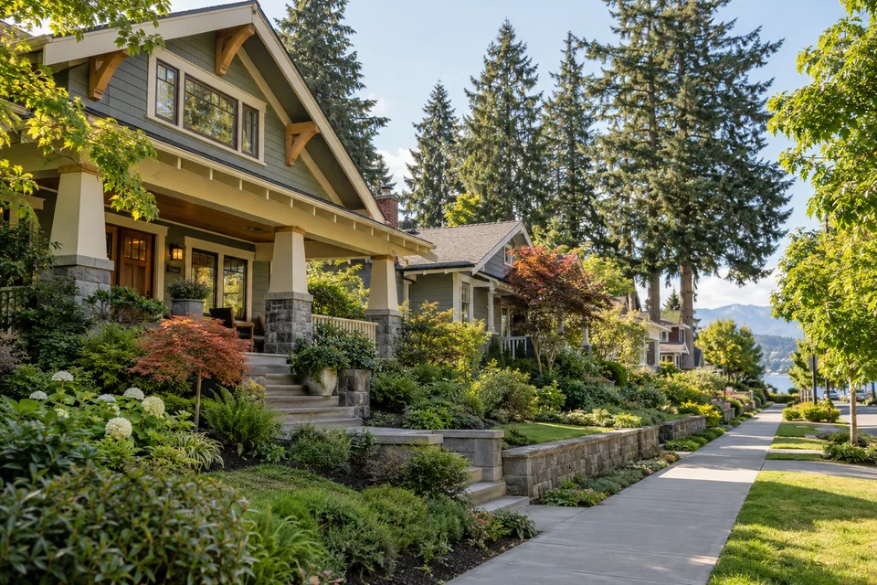 AI-generated illustration: Craftsman homes in a leafy neighborhood