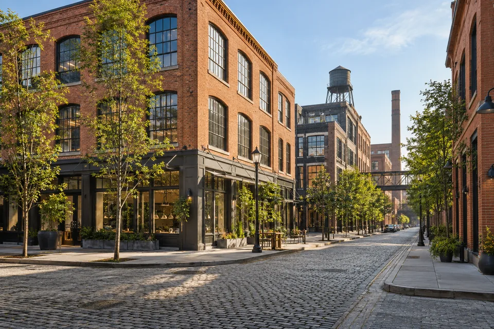 AI-generated illustration: Converted brick warehouses and neighborhood businesses