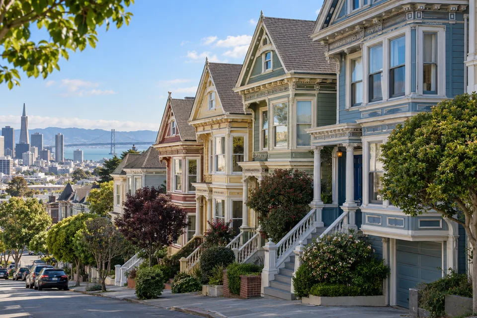 AI-generated illustration: Colorful Victorian houses with decorative trim